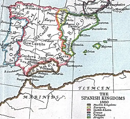 Colored map of the Iberian Peninsula and Western North Africa