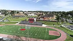 Aerial photo of the Frostburg State University stadium complex, including Bobcat stadium, baseball field, tennis courts and the Harold J. Cordts Physical Education Center.
