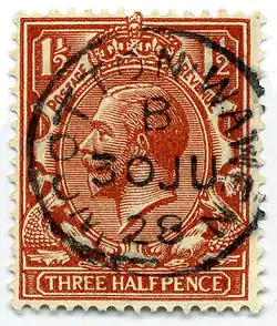 George V 1+1⁄2d of 1912, used in 1928 at Wootton Wawen in Warwickshire