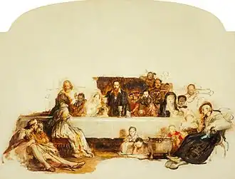 Study for John Knox Dispensing the Sacrament at Calder House by David Wilkie.[93][94][99] The work was intended as a companion to Wilkie's Knox preaching the Reformation, in the collection of Sir Robert Peel.[100]