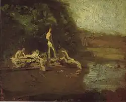 Swimming Hole sketch, Eakins' final study for The Swimming Hole. Oil on fiberboard mounted on fiberboard, 8+3⁄4 × 10+3⁄4&nbsp;in (22 × 27&nbsp;cm), Hirshhorn Museum and Sculpture Garden, Washington, DC.