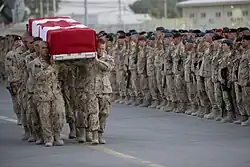 A Canadian honor guard carries the remains of Pte. Sebastien Courcy during a sundown ramp ceremony at Kandahar Air Field, Afghanistan on July 17, 2009.