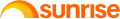 A half-circle on the left appears, representing a sunrise along the horizon. The top circle is orange, with a thicker lower circle in gold, and the remaining negative space in the circle representing an unknowable light. In an orange san-serif font, the word "sunrise" appears in all lower case to the right of the sunrise figure. The later program, "The Morning Show", used the same sunrise image, but with the colors reversed to represent several hours passing.