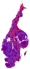 Cartogram of vote with each municipality rescaled in proportion to number of valid votes cast. Deeper blue represents a relative majority for the centre-right coalition, brighter red represents a relative majority for the left-wing coalition.