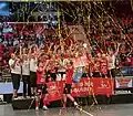 Storvreta IBK players celebrating their championship title in the 2018–19 season