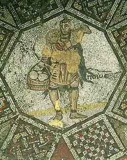 The Good Shepherd, carrying a lost sheep and possibly loaves of bread