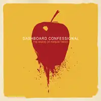 A graphic of a dark red apple with a splatter at its base on a yellow background