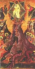 There's a standard representation of Jesus at the top in the centre, either standing or floating, flanked by the two Old Testament figures. Below, the three apostles give various reactions – usually of stunned amazement, half looking away from the radiant light.