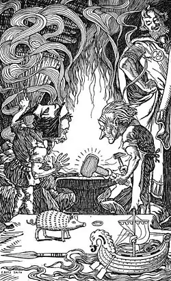 Image 79The third gift — an enormous hammer (1902) by Elmer Boyd Smith and the ring Draupnir is visible among other creations by the Sons of Ivaldi (from List of mythological objects)