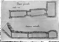 Two elevations of the shaft, corridor and burial chamber