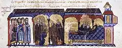 Emperor Michael IV lying in bed wearing the koukoulion, from the Madrid Skylitzes
