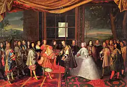 Image 60Louis XIV of France and Philip IV of Spain at the Meeting on the Isle of Pheasants in June 1660, part of the process to put an end to the Franco-Spanish War (1635–59). (from History of Spain)