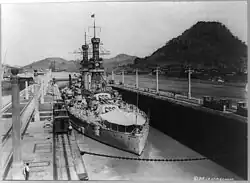 Hyperboloid mast towers were on the USS&nbsp;Arizona, in lock, Panama, 1921.