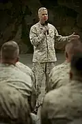 Former Commandant of the Marine Corps General James F. Amos addresses Marines and Department of Defense employees at Blount Island Command.