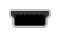 A Mini‑B plug: a metal shell seven by three millimetres, narrowing to six millimetres in the lower part, with no sharp protrusions. It is distinct from the Mini‑A plug only in that the sides of the wider upper part are rounded, where in the Type‑A plug wide part continues downward a bit more providing flat sides, and there may be a raised "B" on the top of the plug body.