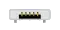 A USB 2.0 Micro‑A plug: a wide, flat metal shell, seven by two millimetres, with latch springs protruding from the bottom side. It is distinct from the USB 2.0 Micro‑B plug only in that all outside corners are right angles, where in the Type‑B plug the corners on the upper side are chamfered, and that there may be a raised "A" on the top of the plug body.