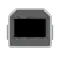 A USB 2.0 Standard‑B plug: eight millimetres wide by seven high, with chamfered upper corners. There is a vertical bump on each side of the shell, and on the face a wide rectangular opening in the center of the insulator.