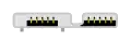 A USB 3.0 Micro‑A plug: a wide, flat metal shell, twelve by two millimetres, in two sections with latch springs protruding from the bottom side. It is distinct from the USB 3.0 Micro‑B plug only in that all outside corners are right angles, where in the Type‑B plug the corners on the upper side of the wider section are chamfered, and that there may be a raised "A" on the top of the plug body.
