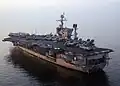 Stern view of the port side of John F. Kennedy showing the elevator and self-defense AAW equipment.