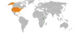 Map indicating locations of Uganda and USA