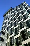 A close up and detail of the Unity Residential building