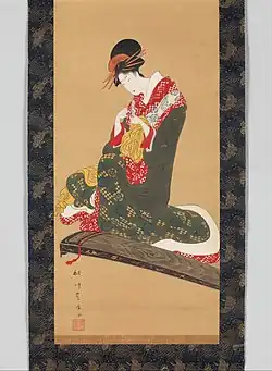 Woman Putting on Finger Plectrums to Play the Koto, hanging scroll (detail)