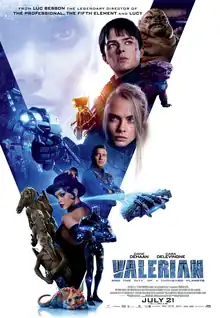 A collage of the film's characters and other elements, mainly peering out of a "V" shaped opening.