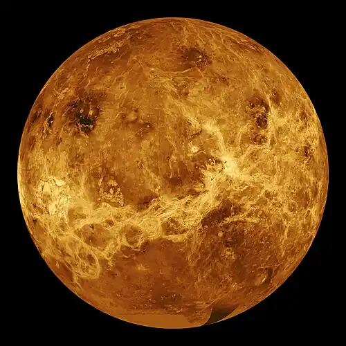 Image 20 Geology of Venus Image credit: NASA A radar image of the surface of Venus, centered at 180 degrees east longitude. This composite image was created from mapping by the Magellan probe, supplemented by data gathered by the Pioneer orbiter, with simulated hues based on color images recorded by Venera 13 and 14. No probe has been able to survive more than a few hours on Venus's surface, which is completely obscured by clouds, because the atmospheric pressure is some 90 times that of the Earth's, and its surface temperature is around 450&nbsp;°C (842&nbsp;°F). More selected pictures