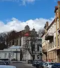 View towards the church from one of the Vilnius Old Town streets in 2023