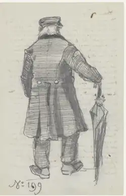 An old man in a long overcoat with an umbrella seen from the back. His white hair reaches his collar and he is wearing a cap.
