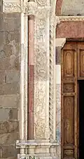Medallions from left lower frieze with lowest representing Christ in Limbo