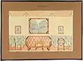 Design for a sitting room with sofa, two chairs, and table, 1919
