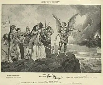 Saint Michael at right, gesturing to, from left: an unspecified figure, Brittania, Italia, Austria, Mother Russia, Germania, and Marianne of France