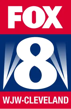 Three connected shapes: at top, a red rectangle with the FOX wordmark; in the middle, a blue square with a white 8 and the Fox searchlights in the background; at bottom, a red rectangle with "WJW CLEVELAND" in white text.
