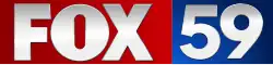 From left: A red box containing a silvery Fox logo, next to a blue, squarish box containing a silver sans serif numeral "59".