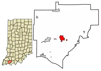 Location of Boonville in Warrick County, Indiana.