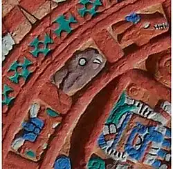 Water, rabbit, deer pictograms on a replica of an Aztec Stone of the Sun