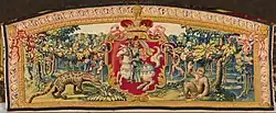 Above-door tapestry with the coat of arms of the Grand Duchy of Lithuania on the background of a landscape with a hyena and a monkey, circa 1560, Wawel Castle