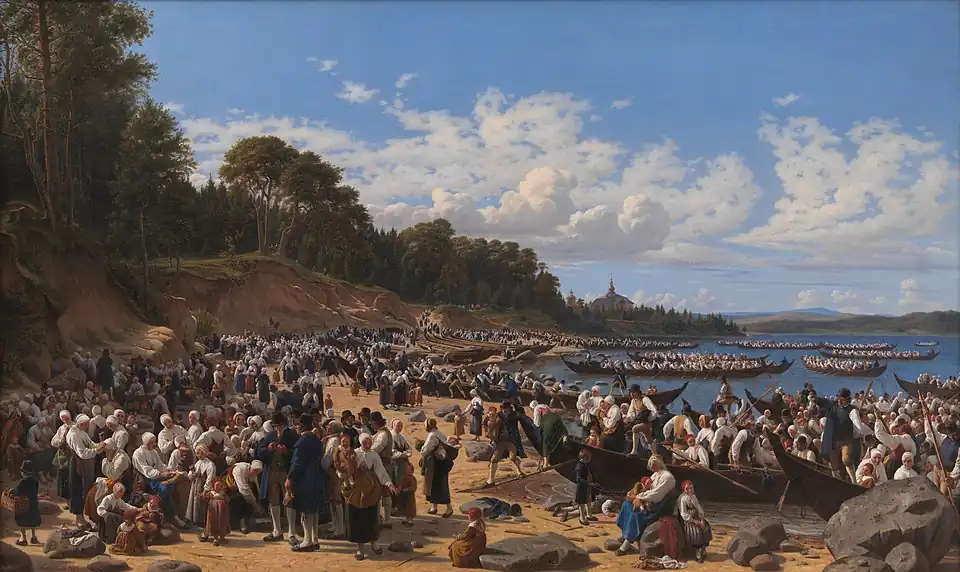 Wilhelm Marstrand: Church-Goers Arriving by Boat at the Parish Church of Leksand on Siljan Lake, Danish National Gallery.