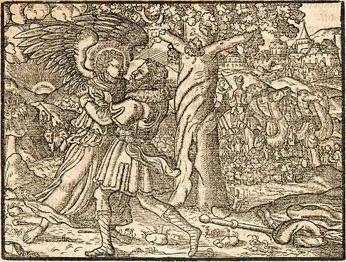 Jacob struggles with the angel, Gutenberg Bible (1558)