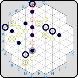 (B) Black has decided on the move &nbsp;(B)E4→E10&nbsp;, which results in the placement of a black marker at E4 and the reversal of the colors of the five markers from E5–E9.