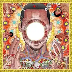 A surreal and psychdelic illustration, featuring a central figure with their hands raised to their head, a glowing white void replacing their face. The background is a swirling combination of intricate patterns of veins as well as reds, yellows, oranges and blues. Around the edges, various naked figures are covered in blood and engaged in dynamic poses.