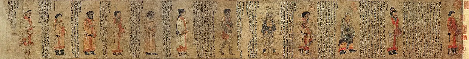 The Portraits of Periodical Offering of Liang illustrates foreign envoys in the imperial court of the Liang dynasty.