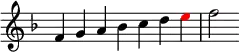   {
\override Score.TimeSignature #'stencil = ##f
\relative f' {
  \clef treble \key f \major \time 7/4 f4 g a bes c d \once \override NoteHead.color = #red e f2
} }
