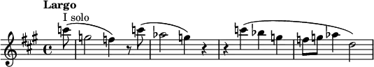 \new staff
\relative c''' {
\set Staff.midiInstrument = #"oboe"
\key fis \minor
\time 4/4
\tempo "Largo" \tempo 4 = 50
\partial 8(^ "I solo") c8 (g2 f4) r8 c' (as2 g4) r r c (bes g f8 g as4 d,2)
}