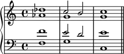 \new PianoStaff <<
\new Staff <<
\new Voice \relative c'' {
\stemUp \clef treble \key c \major \time 4/4
des1 c2 b c1
}
\new Voice \relative c'' {
\stemDown
aes1 g g
}
>>
\new Staff <<
\new Voice \relative c' {
\stemUp \clef bass \key c \major \time 4/4
f1 e2 d e1
}
\new Voice \relative c' {
\stemDown
f,1 g c, \bar "||"
}
>>
>>