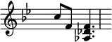 \relative
 { \set Score.tempoHideNote = ##t \tempo 4 = 80 \set Staff.midiInstrument = #"vibraphone"
  \key bes \major
  \time 2/4 \hide Staff.TimeSignature
     c''8 f,8 <aes, des f>4.
  }