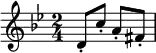 
\header { tagline = ##f }
\layout {  \set Score.tempoHideNote = ##t }
\score {
  \relative g' { \key g \minor \time 2/4 \set Staff.midiInstrument = #"acoustic guitar (nylon)"
    d8-. c'-. a-. fis-.
  }
  \layout { indent = 0\cm }
  \midi { \tempo 4 = 60 }
}
