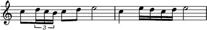  {
\override Score.TimeSignature #'stencil = ##f
    \relative c'' {
        c8 \tuplet 3/2 { d16 c b } c8 d e2
        c4 e16 d c d e2
    }
}
