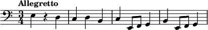 \new staff
\relative c {
\set Staff.midiInstrument = #"cello"
\clef bass
\key a \minor
\time 3/4
\tempo "Allegretto" \tempo 4 = 110
e4 r d c d b c e,8 f g4 b e,8 f g4
}